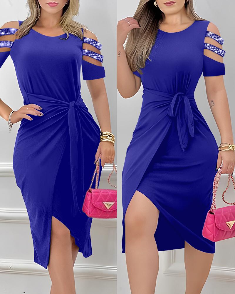 

Rhinestone Cutout Draped Cold Shoulder Bodycon Dress, Blue