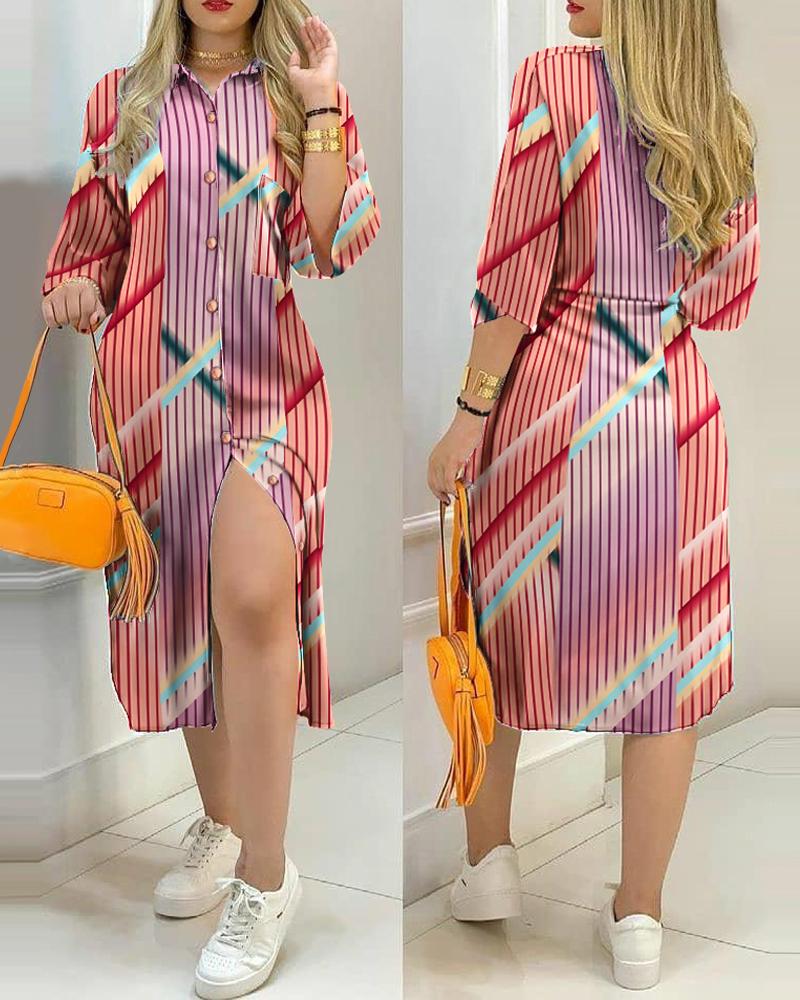 

Stripe Button Design Shirt Dress, Multicolor