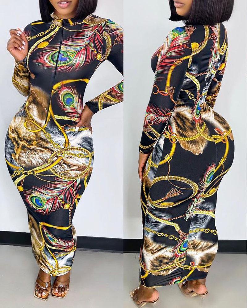 

Abstract Chain Print Long Sleeve Zip Front Bodycon Dress, Black