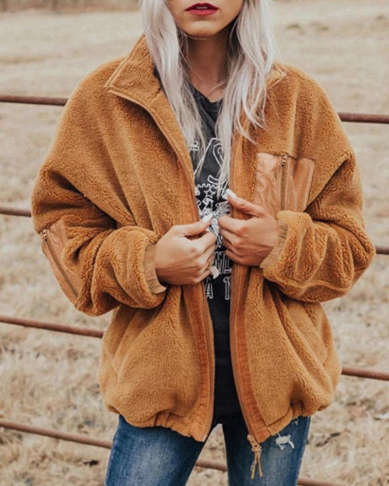 

Long Sleeve Pocket Detail Zip Up Teddy Coat, Brown
