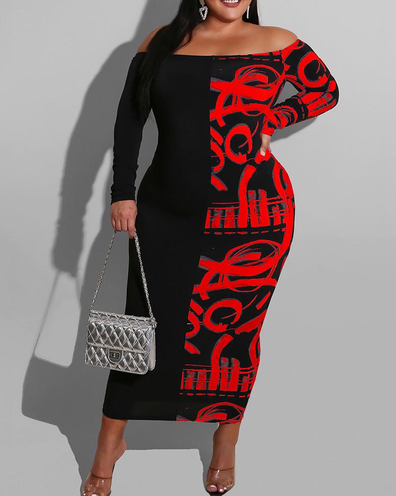 

Plus Size Colorblock Off Shoulder Long Sleeve Maxi Dress, Red