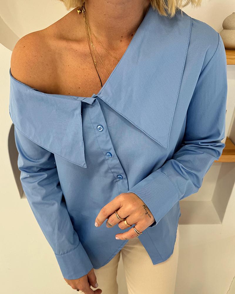 

Top camisero con dobladillo asimétrico y botones con cuello Peter Pan, Blue