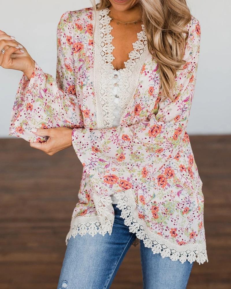 

Floral Print Lace Trim Sunscreen Cover Up, White