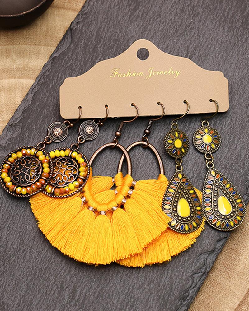 

3Pairs Geometric Pattern Hollow Out Tassel Design Beaded Drop Earrings Set, Yellow