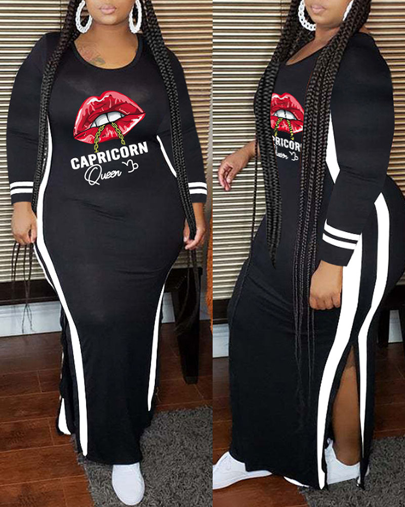 

Plus Size Lip Letter Print Split Hem Long Sleeve Dress, Black