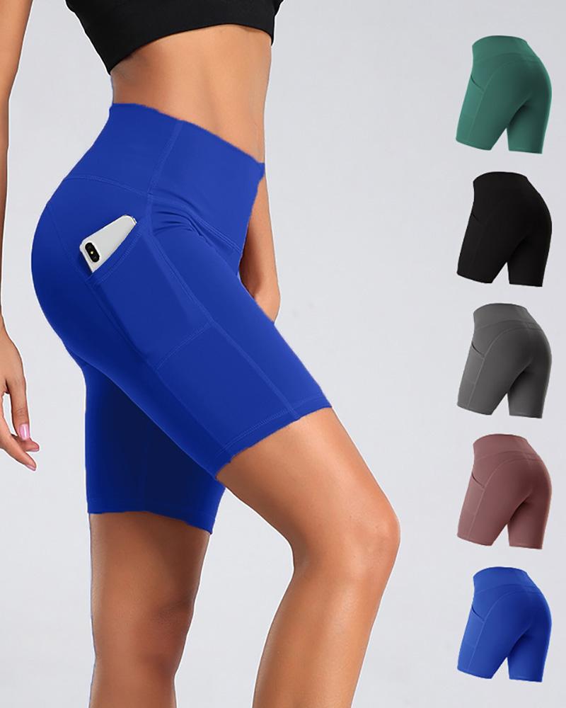 

Pocket Design High Waisted Pocket Design Butt Lifting Yoga Shorts, Dark blue