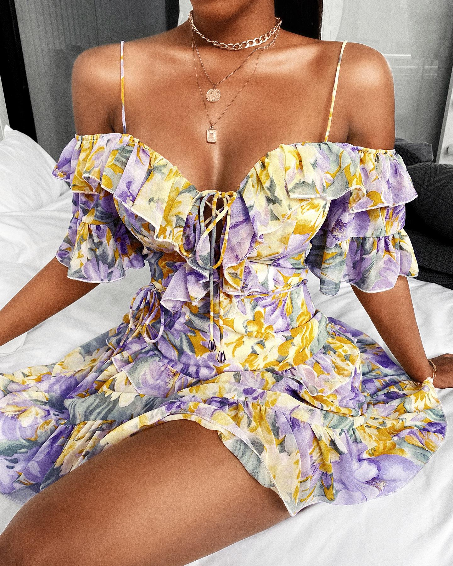 

Cold Shoulder Lace-Up Ruffle Hem Floral Print Dress, Multicolor