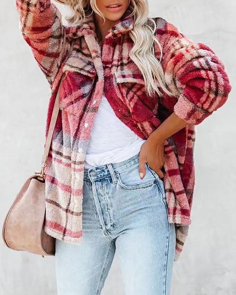 

Plaid Print Long Sleeve Fluffy Shacket, Red