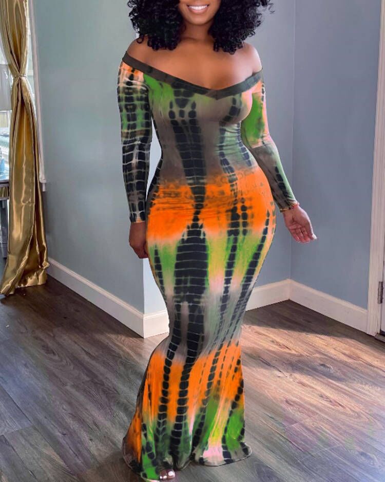

Off Shoulder Abstract Print Mermaid Dress, Green