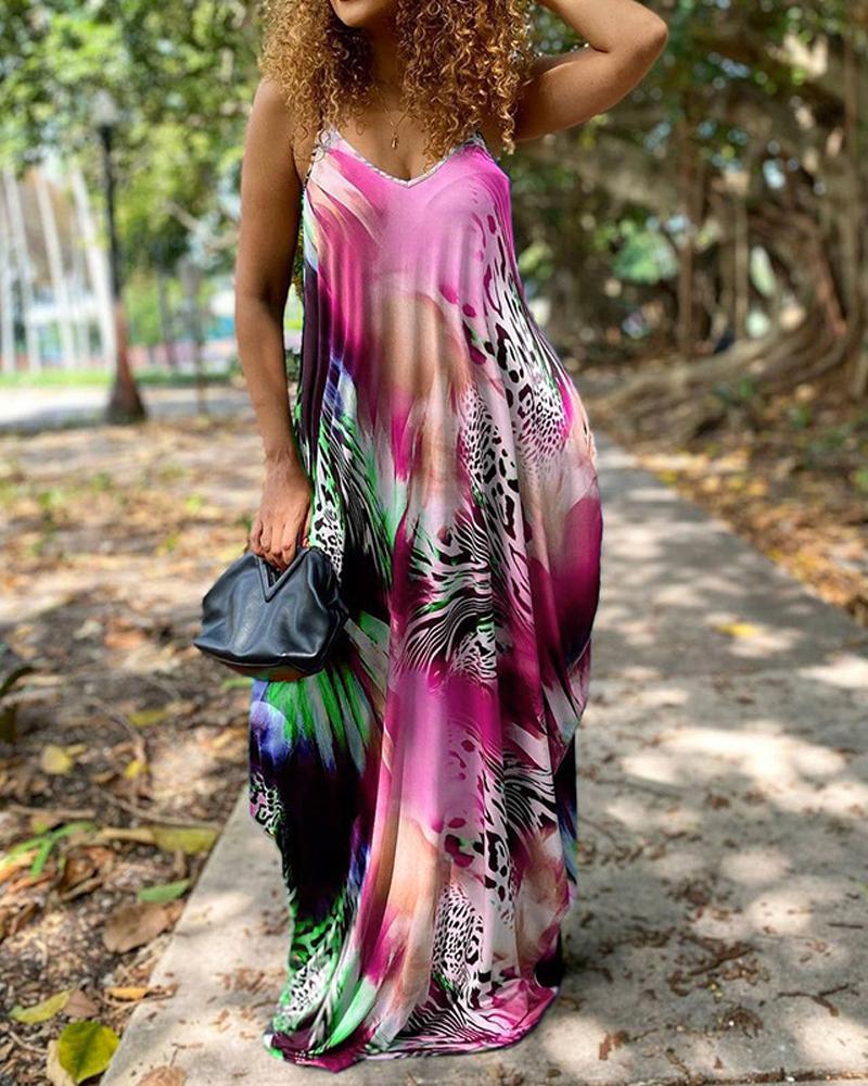 

Plus Size Leopard Tie Dye Print Spaghetti Strap Maxi Dress, Purple