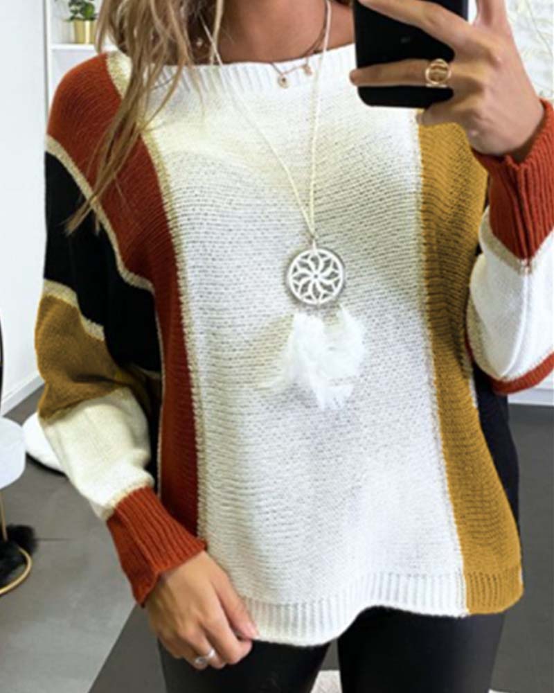 

Color Block Round Neck Chunky Knit Sweater, Brown