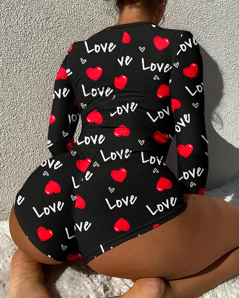 

Heart Pattern V Neck Long Sleeve Button Design Rompers Sexy Letter Home Sleep Onesie, Black