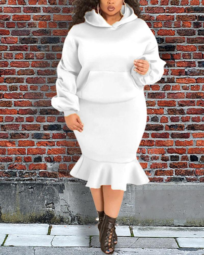 

Plus Size Long Sleeve Hoodie & Mermaid Skirt Set, White