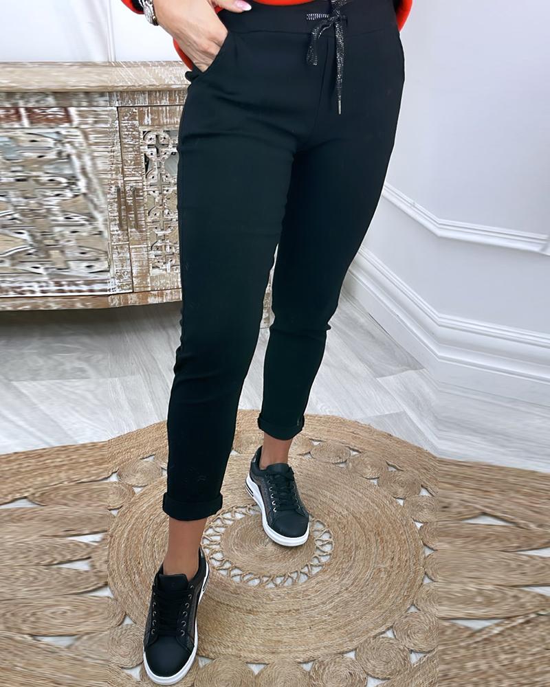 

Drawstring Pocket Design Skinny Pants, Black