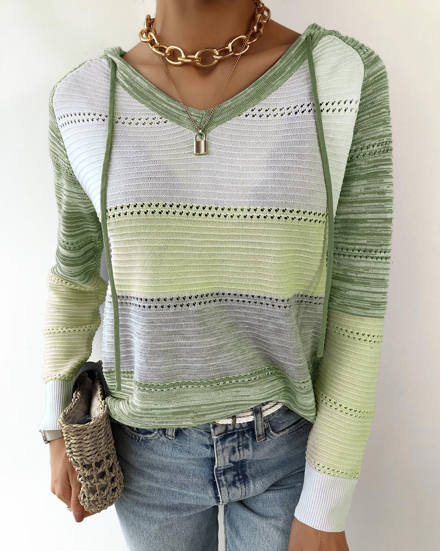 

Knit Colorblock Hollow Out Hooded Sweater, Green