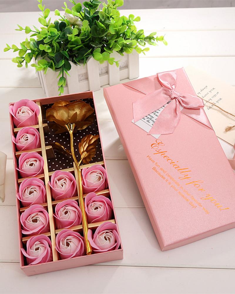 

1 Pack Mother's Day Couple Gift Simulated Rose Soap Golden Foil Flower With Box, Pink