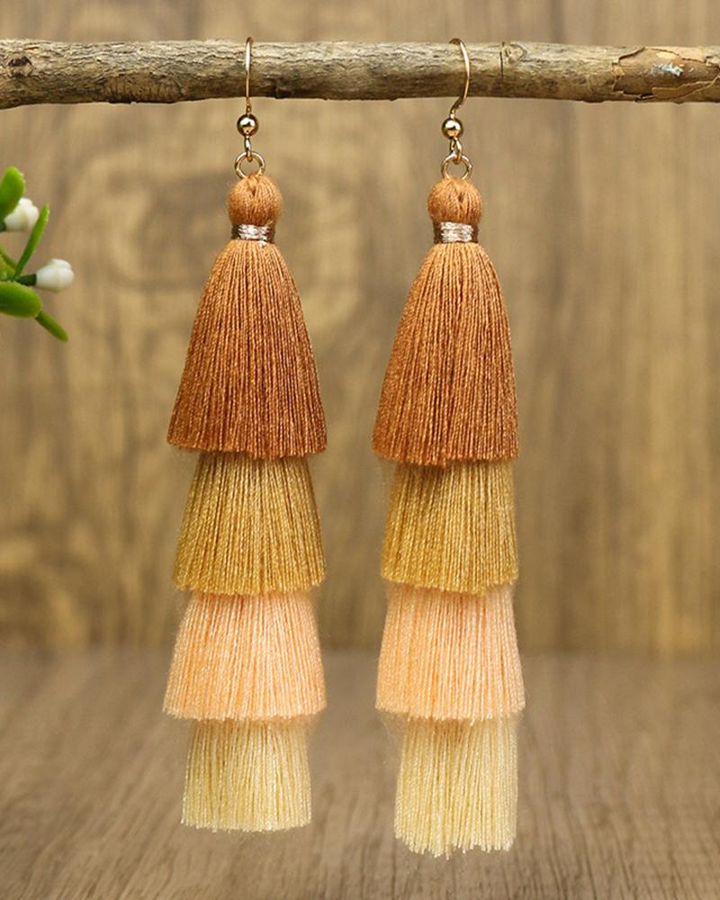 

1Pair Colorblock Bohemian Layered Tassel Drop Earrings, Beige