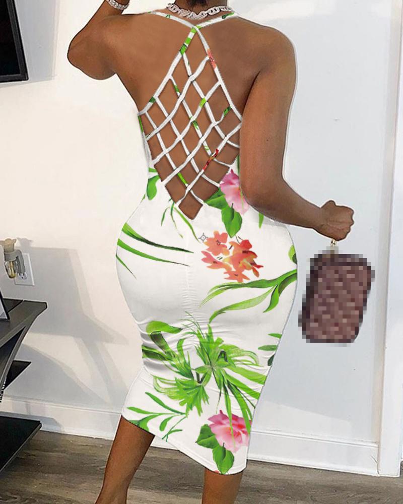 

Floral Print Splicing Fishnet Backless Sleeveless Bodycon Dress, Multicolor