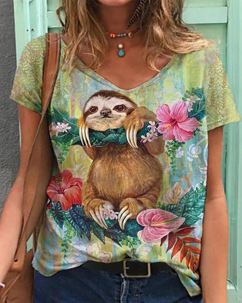 

Floral Animal Print V Neck Short Sleeve Casual T-Shirt, Style4