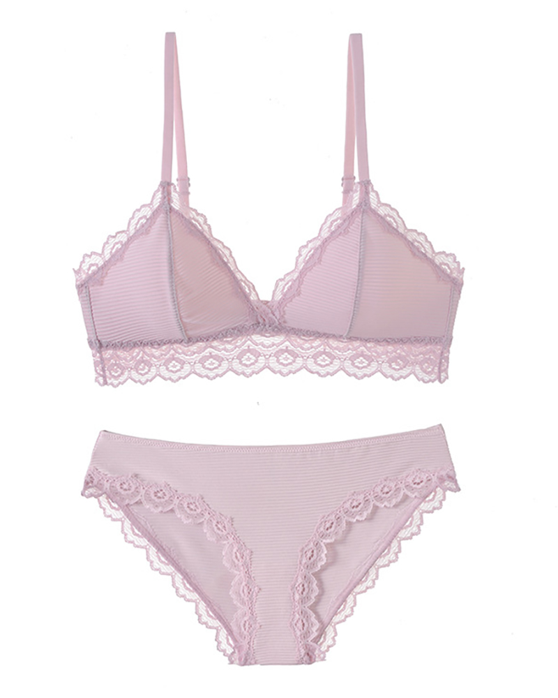 

Push Up Lace Trim Breathable Lingerie Set, Pink