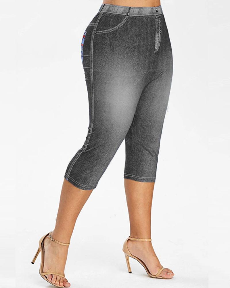 

Denim Look Print Capris Leggings, Black