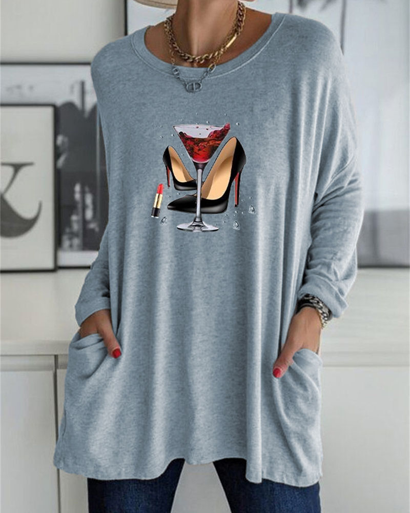 

Graphic Print Pocket Detail Long Sleeve Casual Top, Gray