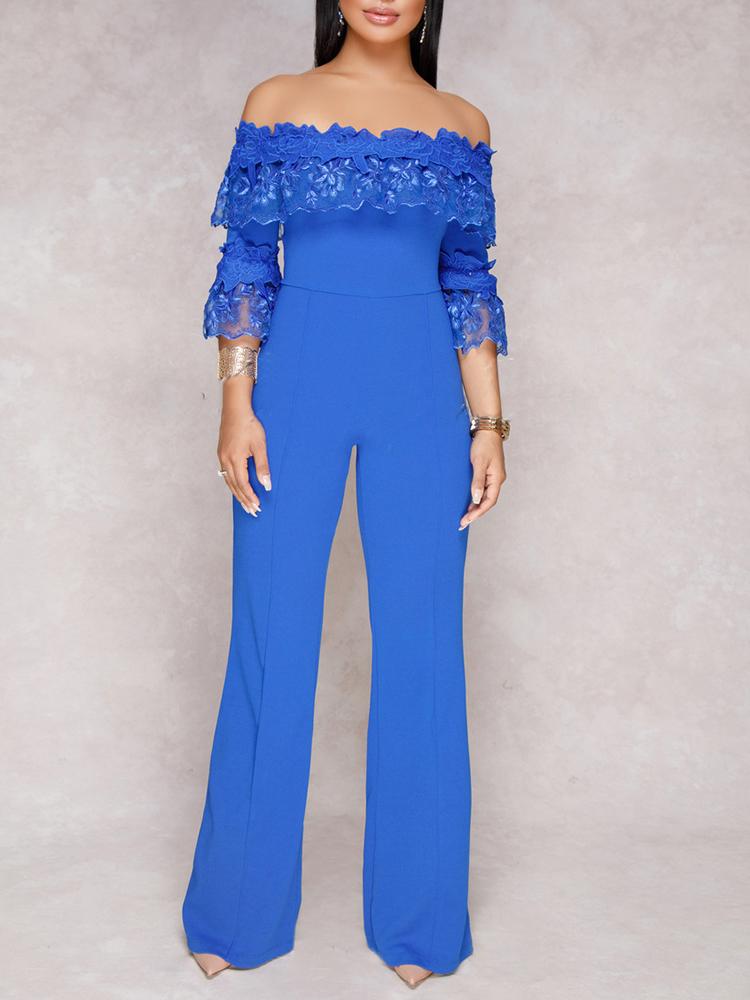 

Guipure Lace Patchwork Bardot Jumpsuit, Blue