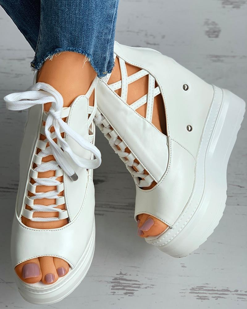 

Peep Toe Lace Up Platform Wedges, White