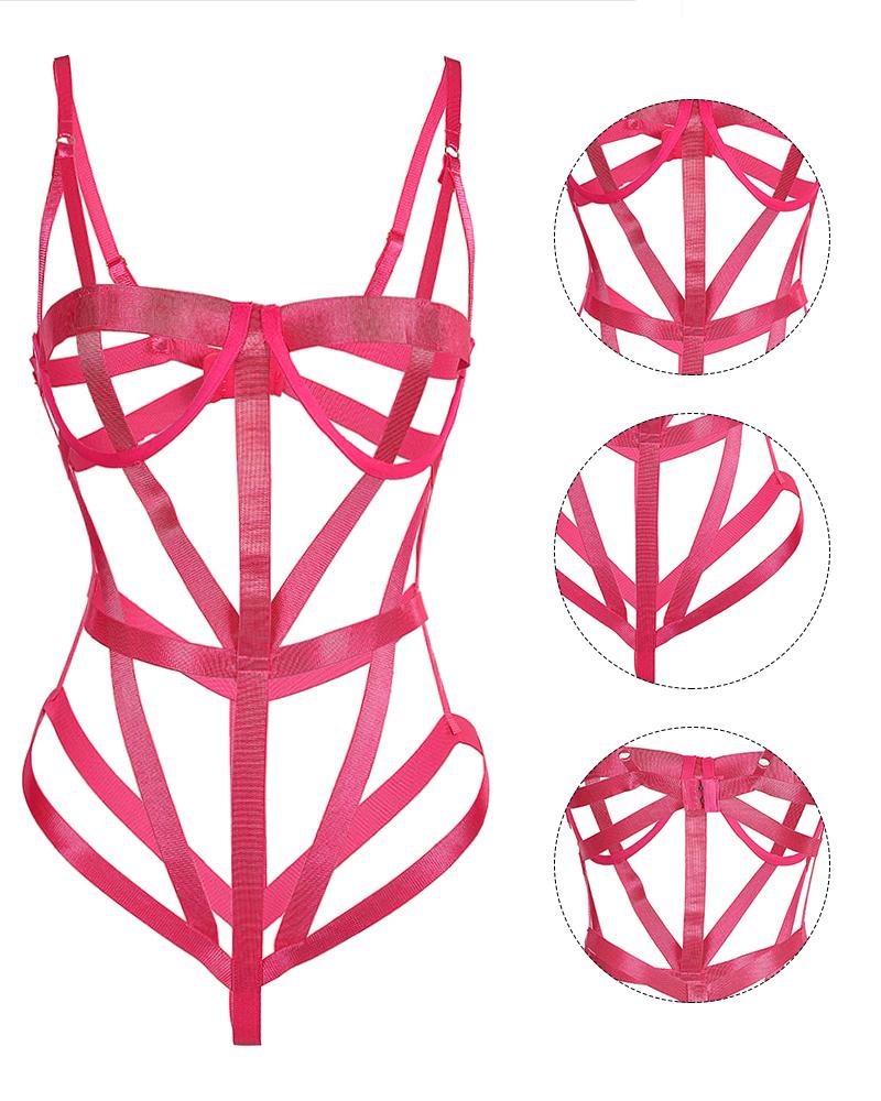 

Cutout O-Ring Linked Spaghetti Strap Teddy, Hot pink