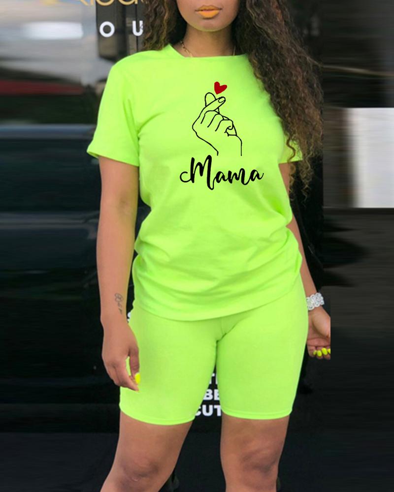 

Mother' Day Letter Heart Print Casual Top & Shorts Set, Green