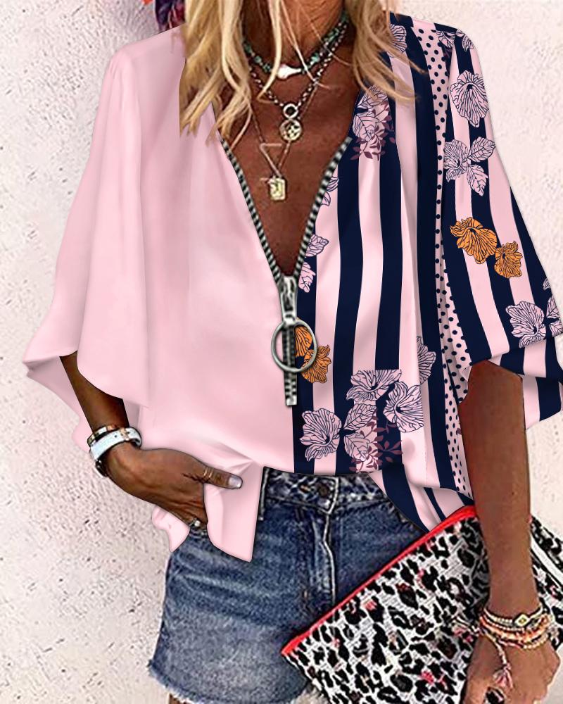 

Striped Floral Print Zip Front Bell Sleeve Top, Pink