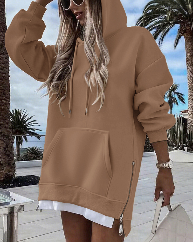 

Blusa de moletom com capuz e design de bolso de manga comprida casual de duas peças com cordão falso, Brown