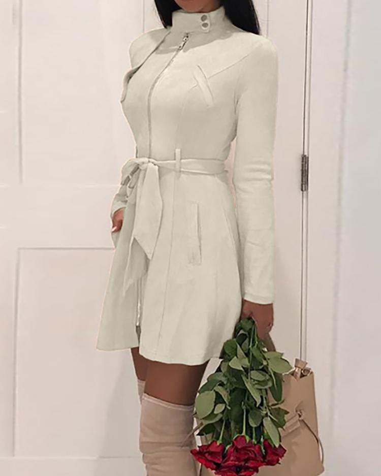 

Zipper Front Pocket Design Belted Dress, White