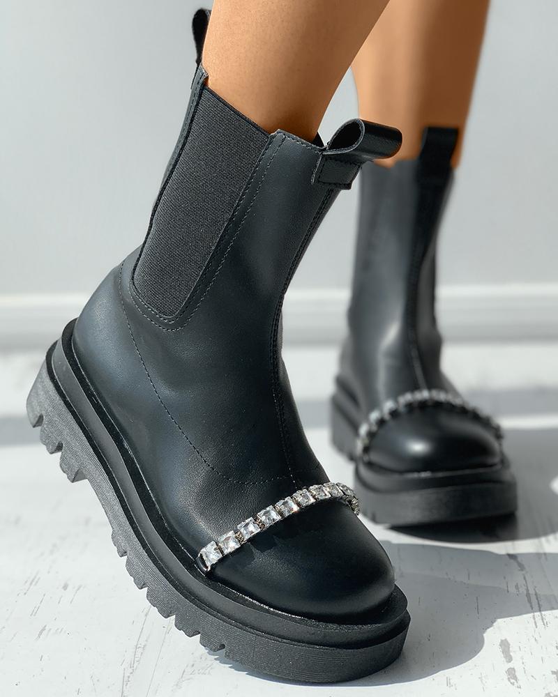 

Rhinestone Decor Round Toe Biker Boots, Black