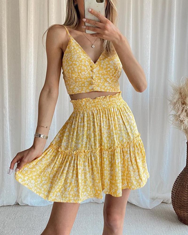 

Ditsy Floral Print Button Design Top & Frill Hem Skirt Set, Yellow