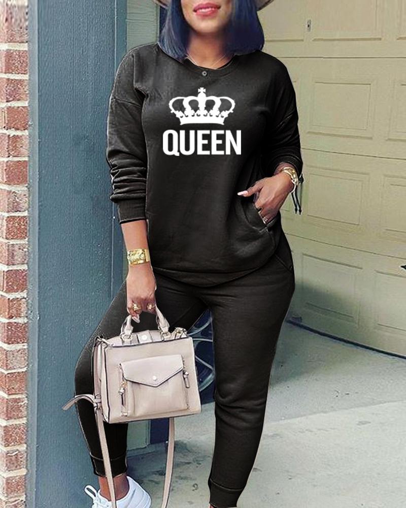 

Crown Letter Print Pocket Design Top & Pants Set, Black