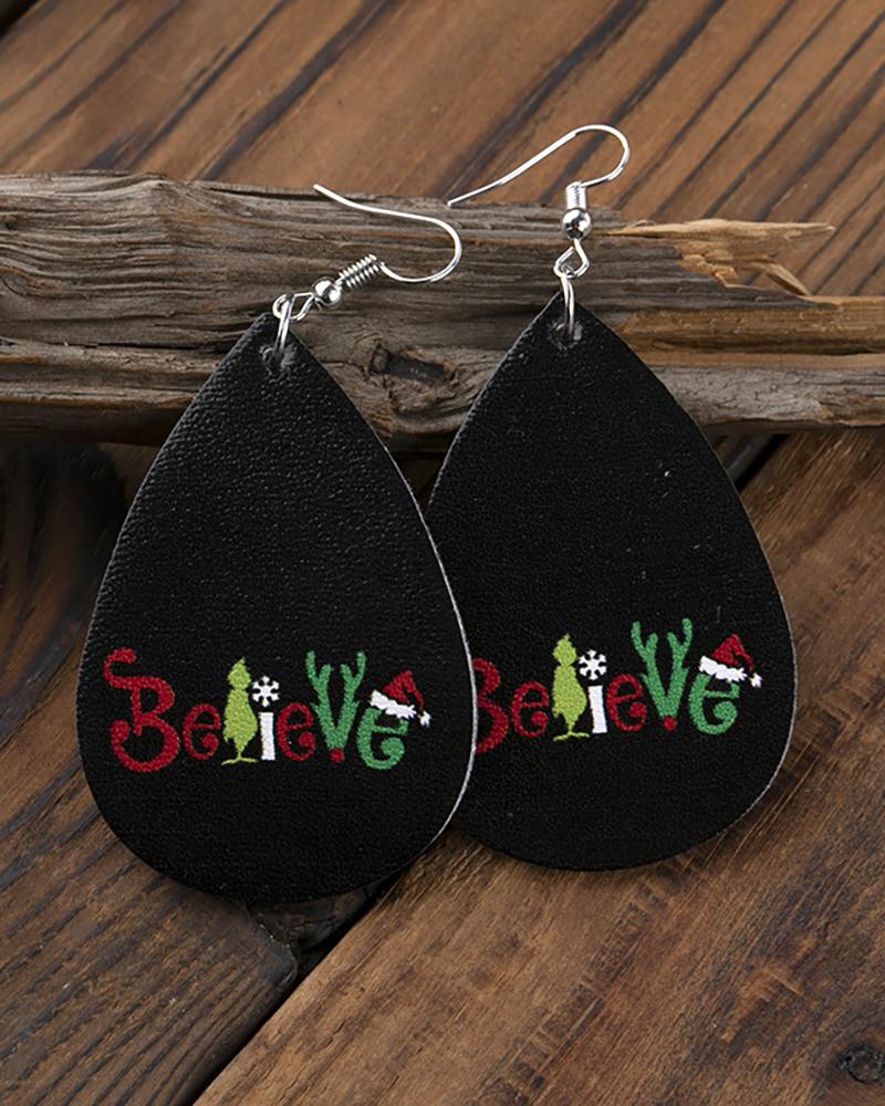 

Christmas Letter Grinches Print PU Leather Drop Earrings, Style2