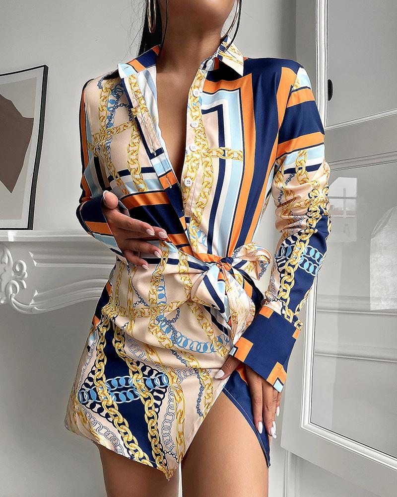 

Chain Twist Waist Button Front Print Dress, Multicolor