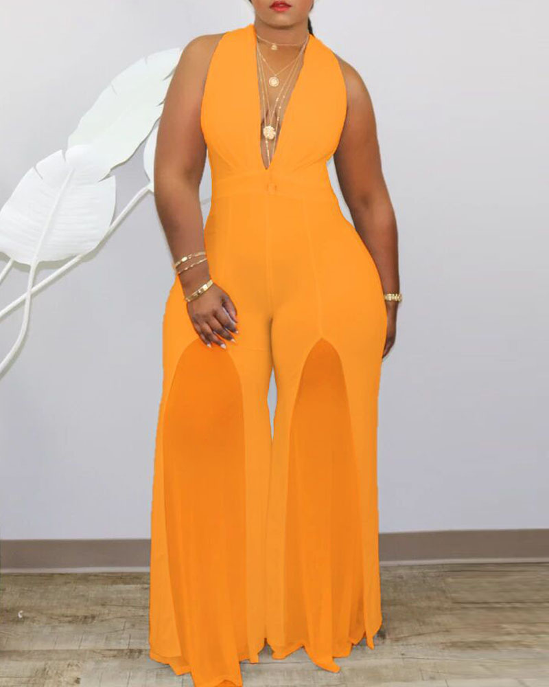 

Plus Size Deep V-Neck Contrast Mesh Wide Leg Jumpsuit, Orange