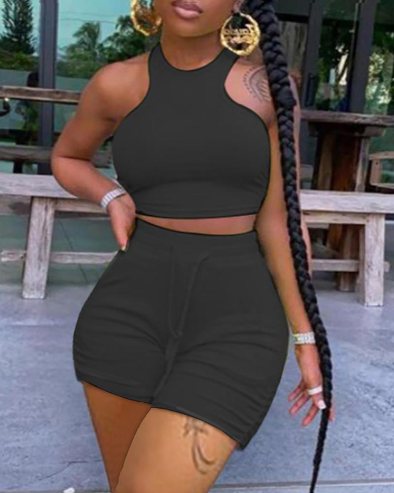 

Sleevless Crop Top & Drawstring High Waisted Shorts Set, Black