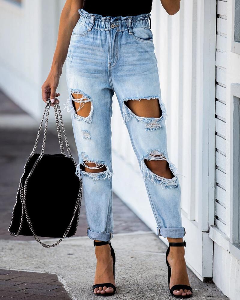 

Solid High Waist Ripped Cut-out Straight Leg Denim Pants, Blue