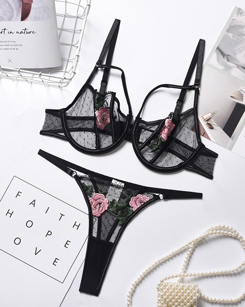 

Sexy Women Floral Rose Embroidered See Through lingerie, Black