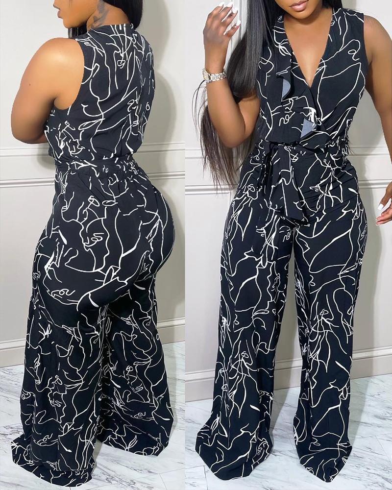 

Abstract Print Ruffle Hem Sleeveless Jumpsuit, Black