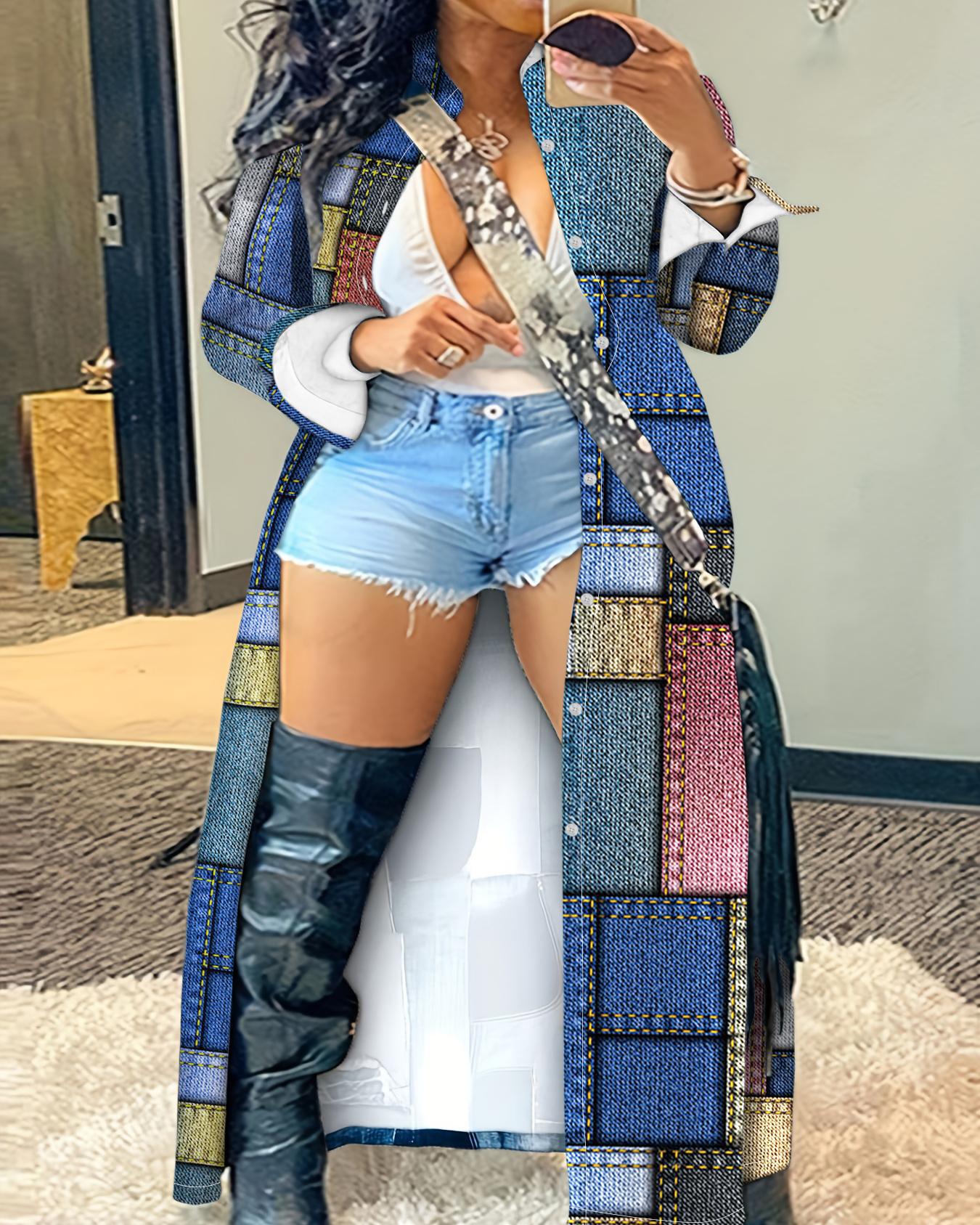 

Plus Size Buttoned Denim Look Print Longline Coat, Multicolor