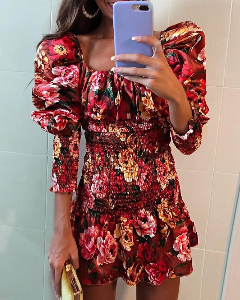 

Random Floral Print Puff Sleeve Pleated Dress, Dark red