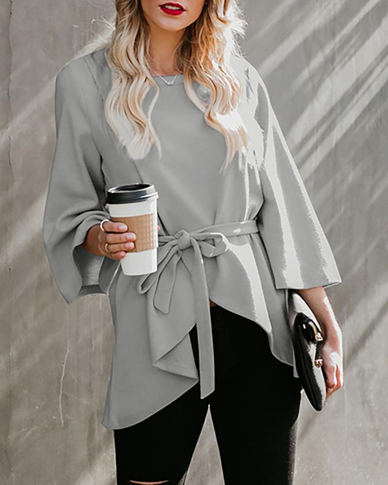 

Solid Bell Cuff Knotted Irregular Hem Blouse, Gray
