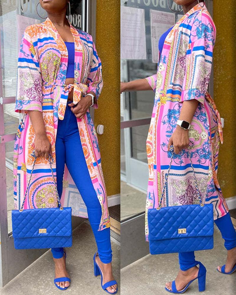 

Scarf Print Open Front Longline Top, Blue