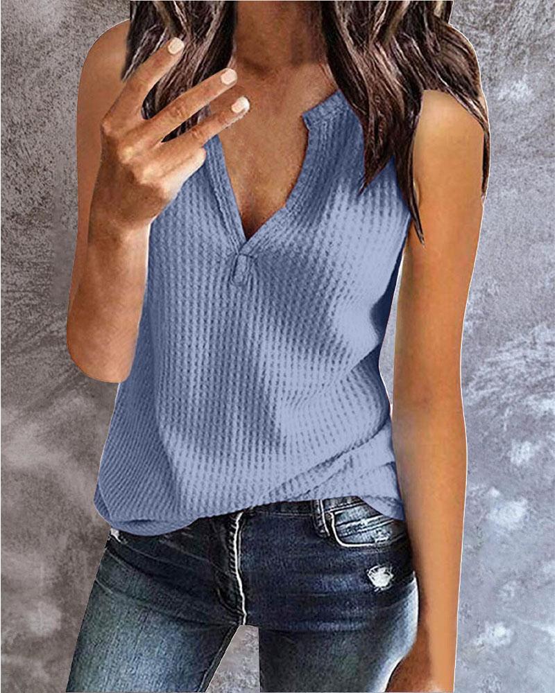 

V-Cut Waffle Knit Casual Tank Top, Blue