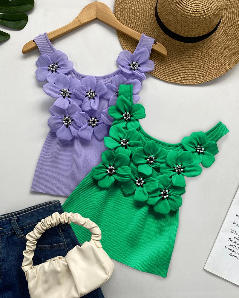 

Floral Pattern Beaded Knit Tank Top, Green