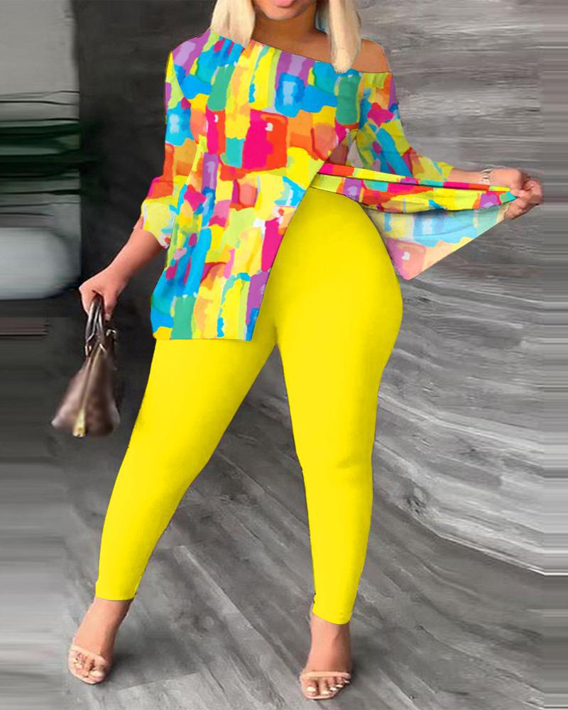 

Plus Size Multi Colors All Over Print Split Hem Top & Pants Set, Yellow